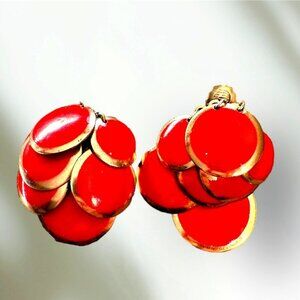 Vintage Red with Gold Tone Clip On Dangle Earrings Layered